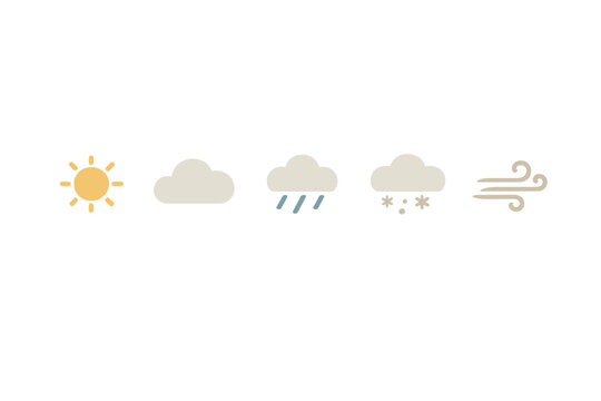 Five simple weather icons arranged horizontally on a black background, featuring symbols for sunny, cloudy, rainy, snowy, and windy conditions in a minimalist vector style.