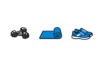 Naklejka premium A set of three fitness icons featuring black dumbbells, a blue yoga mat, and a pair of blue running shoes, all set against a solid black background in a flat illustration style.