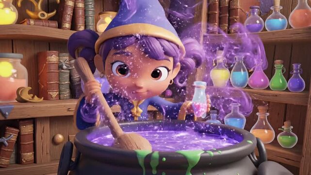 Children's character makes potion in colorful magical lab with books and bottles around