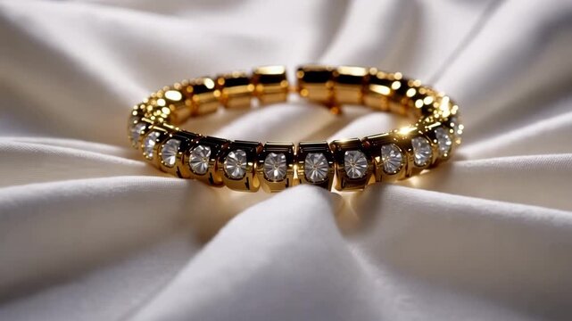 Gold bracelet with sparkling diamonds on satin background  