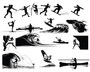 Obraz premium Collection of surfers and water sports silhouettes in various actions