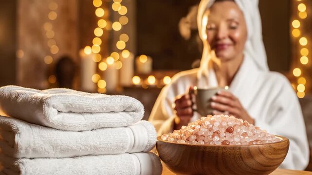 stack of fresh white towels and pink himalayan salt in wooden bowl. blurred caucasian woman in bathrobe enjoying tea. spa treatment and wellness concept. beauty salon, skincare brochure.