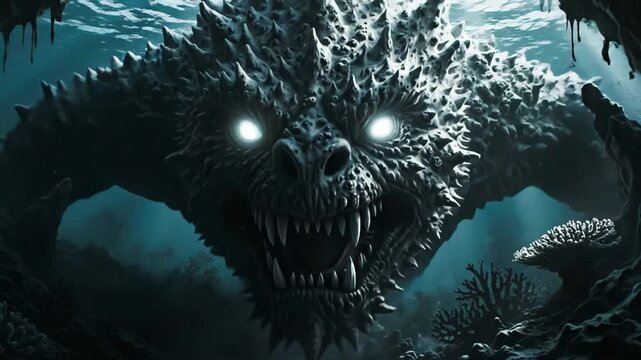 Deep-sea horror monster with glowing eyes emerges from a dark underwater cave, perfect for fantasy video game assets or cinematic trailer footage.
