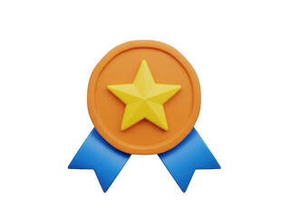 A golden star medal icon with a blue ribbon isolated on transparent background