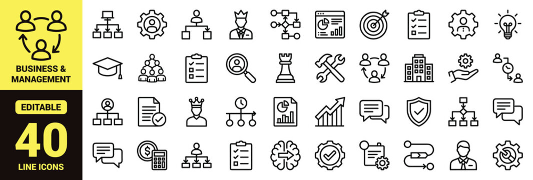 Business and management icon set with teamwork, leadership, strategy, data analysis, finance, communication, education, innovation, risk, and essential business ranking symbols in line‑art style