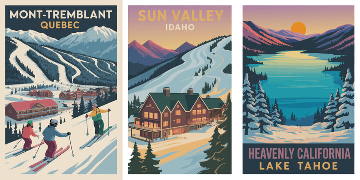 Mont-Tremblant Quebec poster, winter ski scene with silhouetted skiers, snowy slope, and lodge background