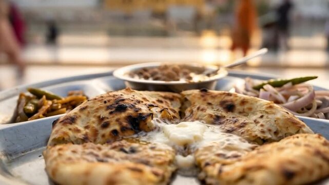 Traditional Amritsari Kulcha with melting butter served on a steel thali at the Golden Temple complex.