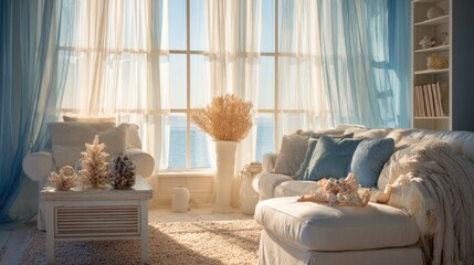 Living room interior with couch and sunlight streaming through sheer curtains
