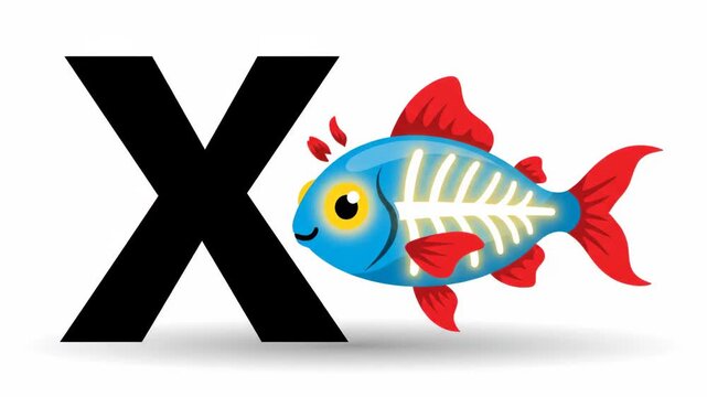 Learning the alphabet with X. Bright cartoon X-ray fish illustration beside the letter X for educational content and school presentations.