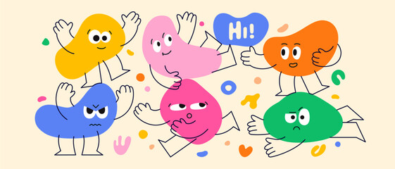 Naklejka premium Adorable geometric figure faces. Color shapes with funny and cute emotions.