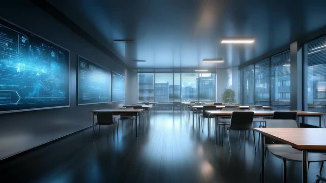 Spacious meeting room features advanced technology, large interactive displays, floor to ceiling glass walls overlooking cityscape. Minimalist furniture, ambient lighting create professional