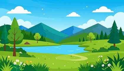 Obraz premium Scenic mountain landscape with serene lake, lush greenery, and blue sky in summer