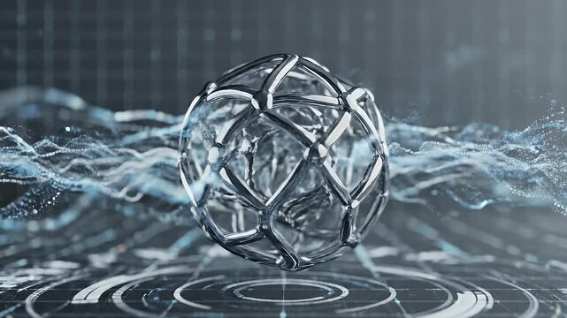 Intricate metallic sphere pulsating within a dynamic digital data flow, representing cutting-edge technology, complex systems, and the future of information architecture