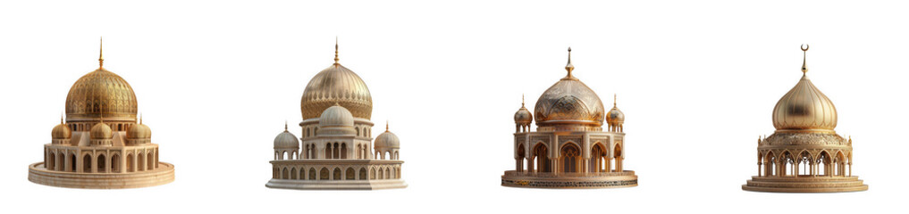 Naklejka premium Golden Islamic domes and minarets, ornate architectural elements for mosques and religious sites. isolated on transparent background
