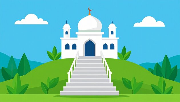 White mosque with dome and minaret on green hill sunny day peaceful landscape