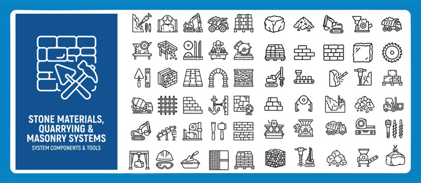 Stone Materials, Quarrying and Masonry Systems Outline Icon Set