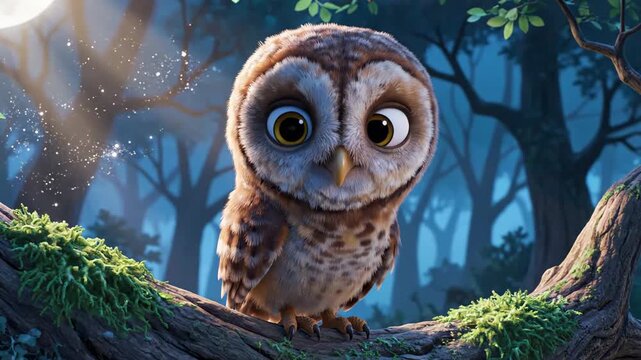 Cute animated owlet perched on a mossy branch at night, ideal for storytelling, fairy tales, and educational content.