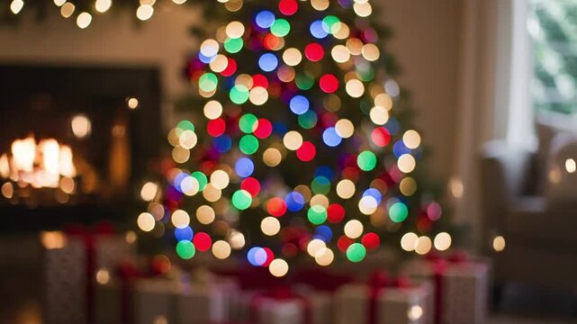 Christmas tree with lights and gifts under it in cozy living room by the fireplace