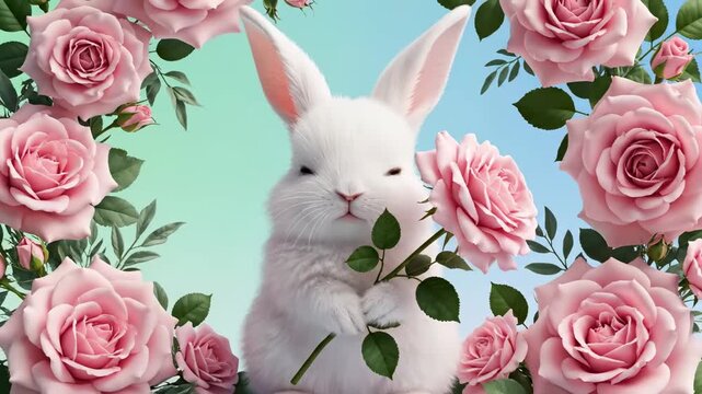 Charming white rabbit holding a pink rose framed by a beautiful floral wreath, ideal for spring holiday marketing and greeting cards.