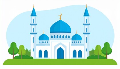 Fototapeta premium Modern white mosque with blue domes and minarets in serene landscape sunny day