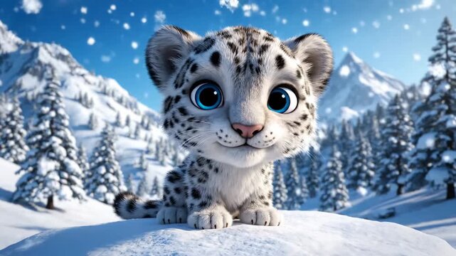 Adorable winter wonder featuring a cute cartoon snow leopard cub sitting in snowy mountains under falling snow, perfect for holiday promotions or children's content.