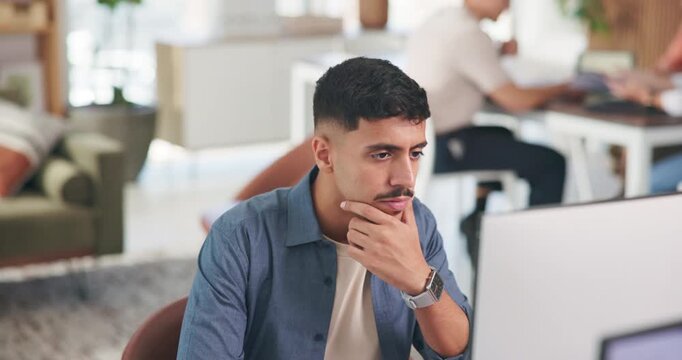 Ideas, computer and businessman in office with research for software development project. Technology, thinking and male programmer with coding for cybersecurity website with programming in workplace.
