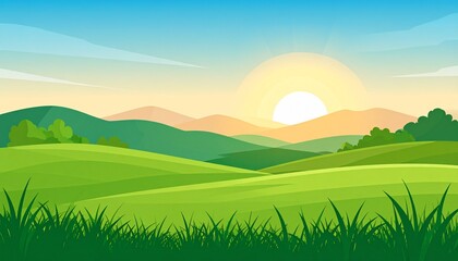 Obraz premium Golden sunrise over lush green rice fields with misty mountains and clear sky