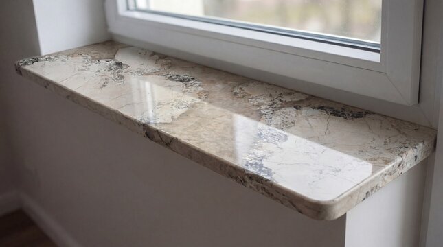 Luxury beige stone windowsill with large natural marble spots and patterns