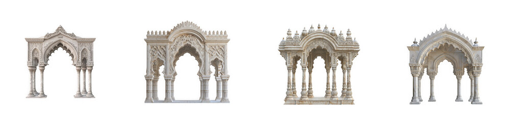 Naklejka premium Intricate White Marble Arches and Pillars in Indian Architectural Style, ornate carvings isolated on transparent background