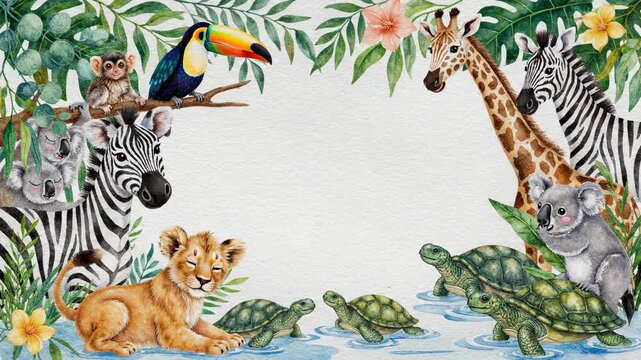 Whimsical jungle border illustration featuring a lion cub, giraffe, and koalas, ideal for baby shower announcements and nursery decor.