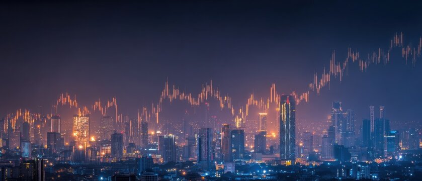 City skyline with financial data overlayed in evening light for business