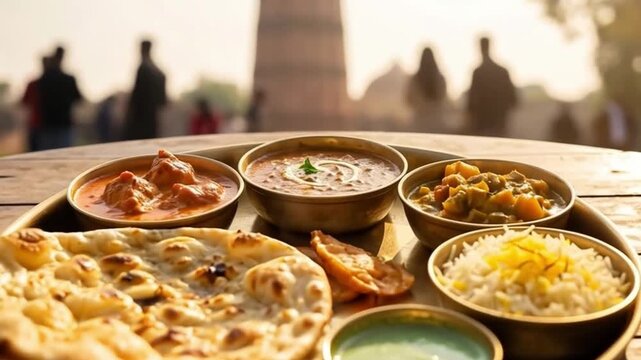 Traditional North Indian Thali with butter chicken, dal makhani, shahi paneer, basmati rice, and naan served outdoors near the Qutub Minar at sunset.
