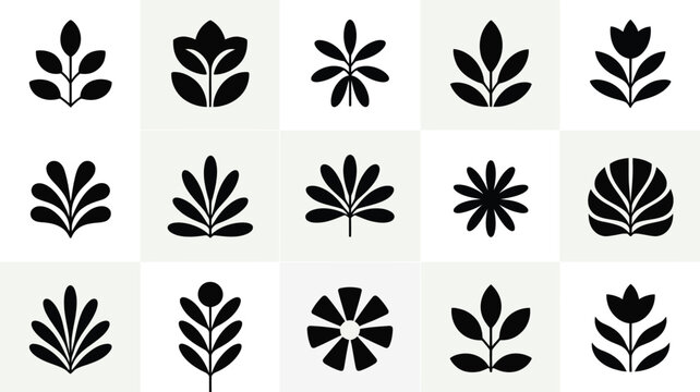 Collection of black botanical silhouettes featuring various leaf and flower designs on alternating white and gray squares ideal for graphic design elements