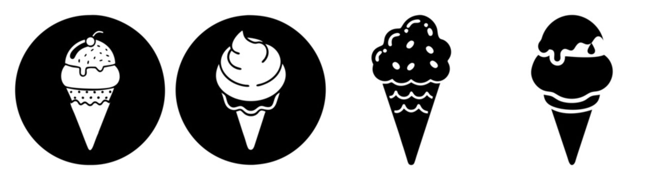 Four minimalist ice cream cones with faces vector illustration set, black and white line art, flat design dessert icons for branding and web