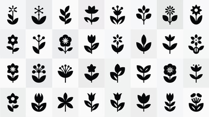 Fototapeta premium Minimalist floral icons set in grid layout for design and decoration purposes with various black flower and leaf silhouettes on white background