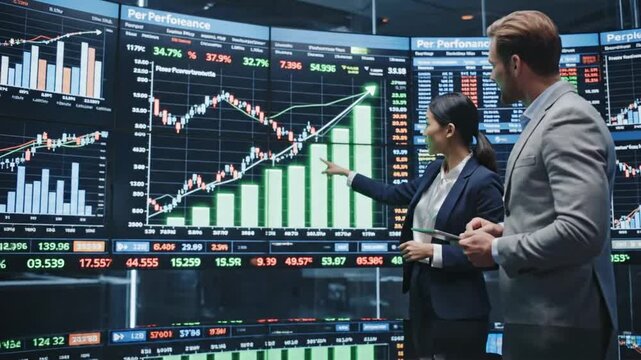 Traders discuss stock market trends and performance charts in modern office setting