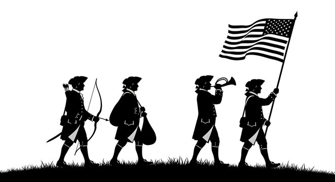 Silhouettes of four colonial minutemen marching across grass carrying a bow, supplies, a bugle, and the American flag.