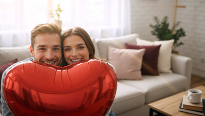 Obraz premium Smiling young couple with a red heart balloon on a sofa. Happy man and woman celebrating love at home. Valentine's Day or anniversary concept