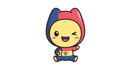Adorable kawaii character in a blue and red cat costume, holding a blue drink with a symbol, for cute concept designs.