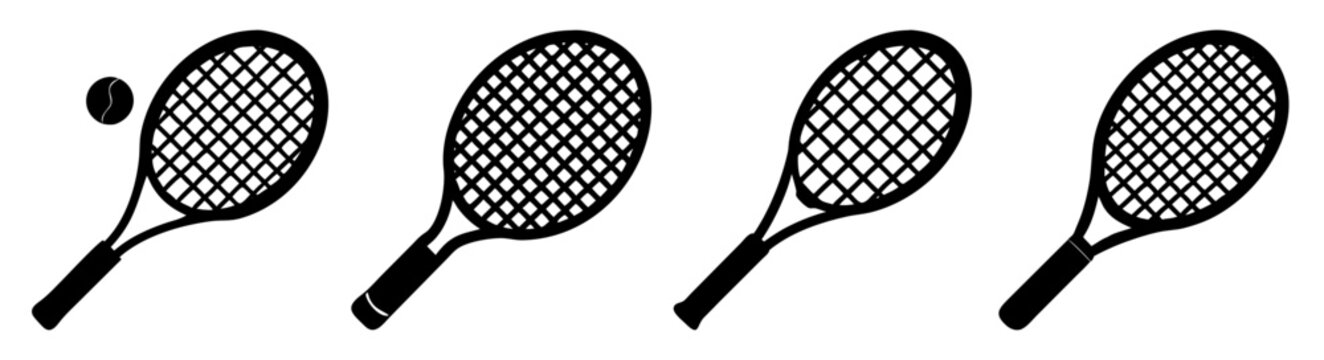 Set of four black and white tennis rackets isolated on white background vector illustration