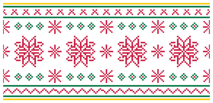 Red green and yellow pixelated geometric pattern with snowflake motifs