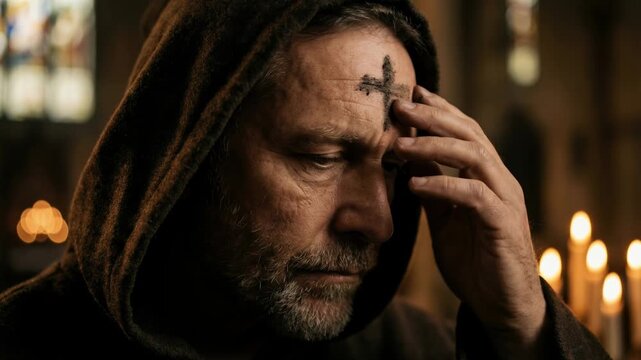 Christian man with ash cross on forehead praying in church with candlelight, lent christian devotion.