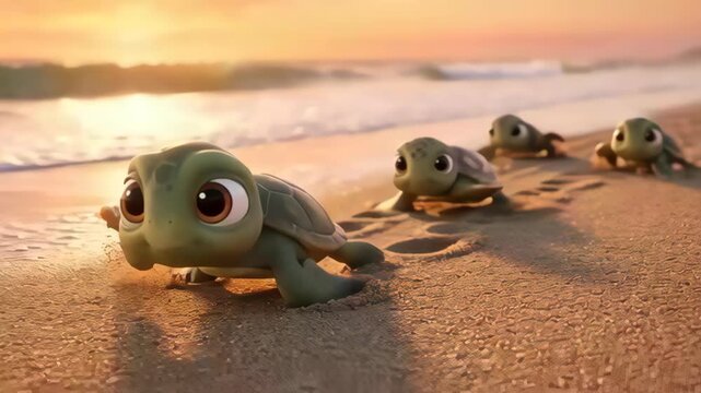 Baby sea turtle hatchling crawling sandy beach sunrise conveying hopeful joyful journey warm sand