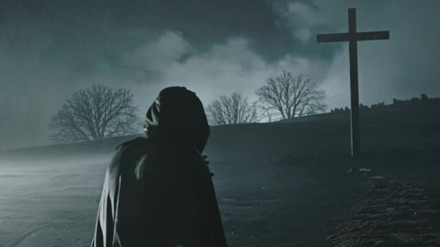 A hooded person reaching toward wooden cross in a darkness cemetery with heavy rain, dark moody christian faith representation.