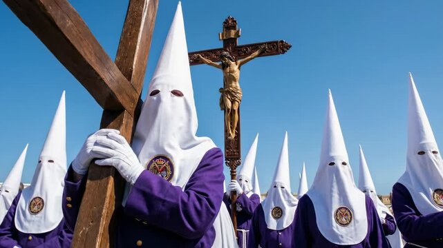 Holy week procession in Spain with hooded penitents carrying wooden cross and crucifix, catholic easter tradition and religious ceremony outdoors.