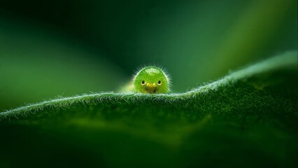Fototapeta premium Green Caterpillar Gaze: Close-up of Green Caterpillar on Leaf Edge