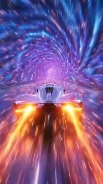 Futuristic sports car neon tunnel speed motion glowing vortex purple pink exhaust blur dynamic