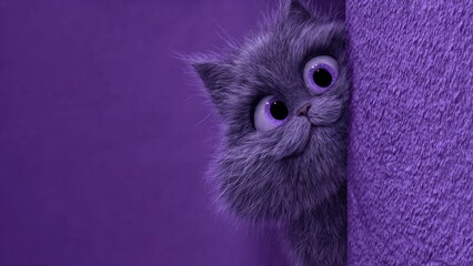 Fluffy Cat Peek: Purple Cat Peeking from Behind Purple Surface

