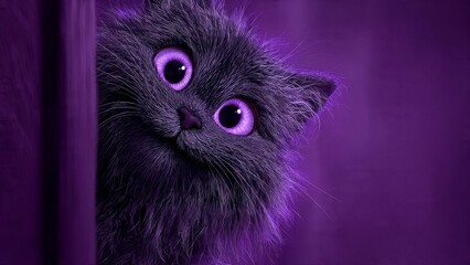 Fluffy Cat Peek: Purple Cat Peeking from Behind Purple Surface

