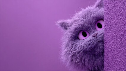 Fluffy Cat Peek: Purple Cat Peeking from Behind Purple Surface

